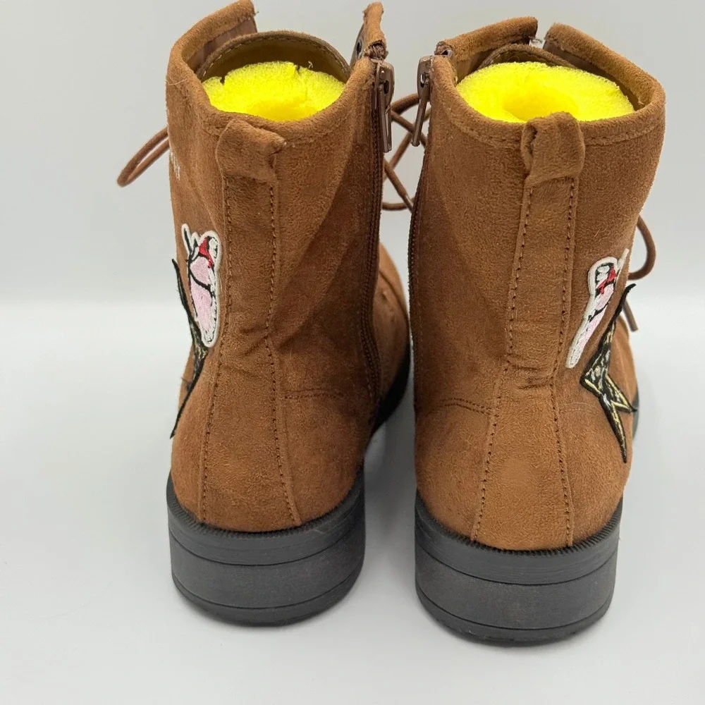 Steve‎ Madden JINCHARGE Girls Tan Faux Suede Patch Combat Boots Size 5 JINC01S7